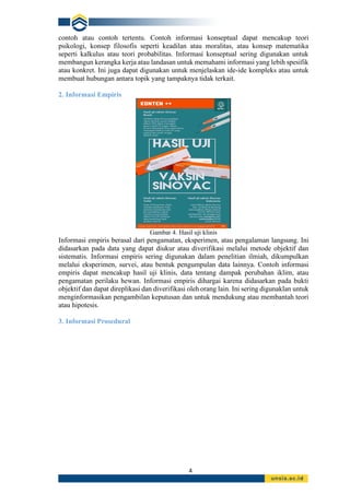 4
contoh atau contoh tertentu. Contoh informasi konseptual dapat mencakup teori
psikologi, konsep filosofis seperti keadilan atau moralitas, atau konsep matematika
seperti kalkulus atau teori probabilitas. Informasi konseptual sering digunakan untuk
membangun kerangka kerja atau landasan untuk memahami informasi yang lebih spesifik
atau konkret. Ini juga dapat digunakan untuk menjelaskan ide-ide kompleks atau untuk
membuat hubungan antara topik yang tampaknya tidak terkait.
2. Informasi Empiris
Gambar 4. Hasil uji klinis
Informasi empiris berasal dari pengamatan, eksperimen, atau pengalaman langsung. Ini
didasarkan pada data yang dapat diukur atau diverifikasi melalui metode objektif dan
sistematis. Informasi empiris sering digunakan dalam penelitian ilmiah, dikumpulkan
melalui eksperimen, survei, atau bentuk pengumpulan data lainnya. Contoh informasi
empiris dapat mencakup hasil uji klinis, data tentang dampak perubahan iklim, atau
pengamatan perilaku hewan. Informasi empiris dihargai karena didasarkan pada bukti
objektif dan dapat direplikasi dan diverifikasi oleh orang lain. Ini sering digunaklan untuk
menginformasikan pengambilan keputusan dan untuk mendukung atau membantah teori
atau hipotesis.
3. Informasi Prosedural
 