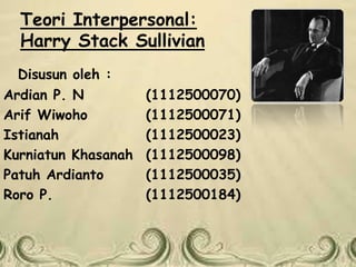 Teori Interpersonal:
Harry Stack Sullivian
Disusun oleh :
Ardian P. N (1112500070)
Arif Wiwoho (1112500071)
Istianah (1112500023)
Kurniatun Khasanah (1112500098)
Patuh Ardianto (1112500035)
Roro P. (1112500184)
 