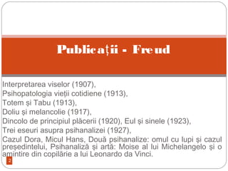 2
Interpretarea viselor (1907),
Psihopatologia vieţii cotidiene (1913),
Totem şi Tabu (1913),
Doliu şi melancolie (1917),
Dincolo de principiul plăcerii (1920), Eul şi sinele (1923),
Trei eseuri asupra psihanalizei (1927),
Cazul Dora, Micul Hans, Două psihanalize: omul cu lupi şi cazul
preşedintelui, Psihanaliză şi artă: Moise al lui Michelangelo şi o
amintire din copilărie a lui Leonardo da Vinci.
Publica ii - Freudţ
 