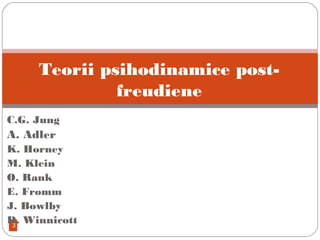 3
C.G. Jung
A. Adler
K. Horney
M. Klein
O. Rank
E. Fromm
J. Bowlby
D. Winnicott
Teorii psihodinamice post-
freudiene
 