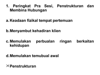1. Peringkat Pra Sesi, Penstrukturan dan
  Membina Hubungan

a. Keadaan fizikal tempat pertemuan
  
b.Menyambut kehadiran klien

c. Memulakan perbualan ringan         berkaitan
   kehidupan
 
d.Memulakan temubual awal

Penstrukturan
 
 