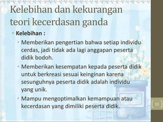 Kelebihan dan kekurangan
teori kecerdasan ganda
• Kelebihan :
• Memberikan pengertian bahwa setiap individu
cerdas, jadi tidak ada lagi anggapan peserta
didik bodoh.
• Memberikan kesempatan kepada peserta didik
untuk berkreasi sesuai keinginan karena
sesunguhnya peserta didik adalah individu
yang unik.
• Mampu mengoptimalkan kemampuan atau
kecerdasan yang dimiliki peserta didik.

11

 
