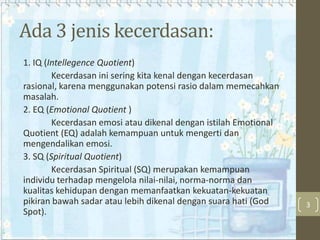 Ada 3 jenis kecerdasan:
1. IQ (Intellegence Quotient)
Kecerdasan ini sering kita kenal dengan kecerdasan
rasional, karena menggunakan potensi rasio dalam memecahkan
masalah.
2. EQ (Emotional Quotient )
Kecerdasan emosi atau dikenal dengan istilah Emotional
Quotient (EQ) adalah kemampuan untuk mengerti dan
mengendalikan emosi.
3. SQ (Spiritual Quotient)
Kecerdasan Spiritual (SQ) merupakan kemampuan
individu terhadap mengelola nilai-nilai, norma-norma dan
kualitas kehidupan dengan memanfaatkan kekuatan-kekuatan
pikiran bawah sadar atau lebih dikenal dengan suara hati (God
Spot).

3

 