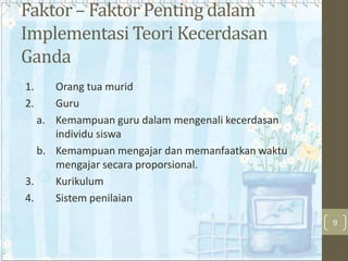 Faktor – Faktor Penting dalam
Implementasi Teori Kecerdasan
Ganda
1.
2.

Orang tua murid
Guru
a. Kemampuan guru dalam mengenali kecerdasan
individu siswa
b. Kemampuan mengajar dan memanfaatkan waktu
mengajar secara proporsional.
3.
Kurikulum
4.
Sistem penilaian
9

 