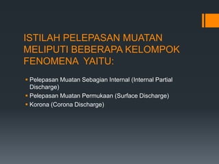 ISTILAH PELEPASAN MUATAN
MELIPUTI BEBERAPA KELOMPOK
FENOMENA YAITU:
 Pelepasan Muatan Sebagian Internal (Internal Partial
Discharge)
 Pelepasan Muatan Permukaan (Surface Discharge)
 Korona (Corona Discharge)
 