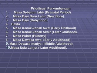 Priodisasi PerkembanganPriodisasi Perkembangan
1.      1.      Masa Sebelum lahir (Prenatal Period)Masa Sebelum lahir (Prenatal Period)
2.     2.     Masa Bayi Baru Lahir (New Born).Masa Bayi Baru Lahir (New Born).
3.     3.     Masa Bayi (Babyhood)Masa Bayi (Babyhood)
4.   4.   BalitaBalita
5.5.          Masa Kanak-kanak Awal (Early Chilhood)Masa Kanak-kanak Awal (Early Chilhood)
6.6.          Masa Kanak-kanak Akhir (Later Chilhood).Masa Kanak-kanak Akhir (Later Chilhood).
7.7.          Masa Puber (Puberty)Masa Puber (Puberty)
8.8.          Masa Dewasa Awal (Early Adulthood)Masa Dewasa Awal (Early Adulthood)
9.9. Masa Dewasa madya ( Middle Adulthood).Masa Dewasa madya ( Middle Adulthood).
10.10.Masa Usia Lanjut ( Later Adulthood).Masa Usia Lanjut ( Later Adulthood).
 