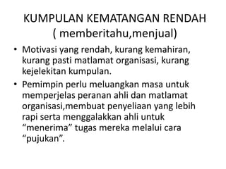 KUMPULAN KEMATANGAN RENDAH
( memberitahu,menjual)
• Motivasi yang rendah, kurang kemahiran,
kurang pasti matlamat organisasi, kurang
kejelekitan kumpulan.
• Pemimpin perlu meluangkan masa untuk
memperjelas peranan ahli dan matlamat
organisasi,membuat penyeliaan yang lebih
rapi serta menggalakkan ahli untuk
“menerima” tugas mereka melalui cara
“pujukan”.
 