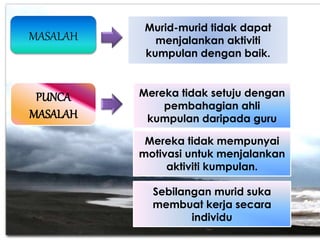MASALAH
Murid-murid tidak dapat
menjalankan aktiviti
kumpulan dengan baik.
PUNCA
MASALAH
Mereka tidak mempunyai
motivasi untuk menjalankan
aktiviti kumpulan.
Sebilangan murid suka
membuat kerja secara
individu
Mereka tidak setuju dengan
pembahagian ahli
kumpulan daripada guru
 