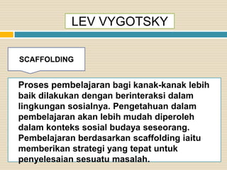 LEV VYGOTSKY
SCAFFOLDING

Proses pembelajaran bagi kanak-kanak lebih
baik dilakukan dengan berinteraksi dalam
lingkungan sosialnya. Pengetahuan dalam
pembelajaran akan lebih mudah diperoleh
dalam konteks sosial budaya seseorang.
Pembelajaran berdasarkan scaffolding iaitu
memberikan strategi yang tepat untuk
penyelesaian sesuatu masalah.

 