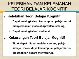 KELEBIHAN DAN KELEMAHAN
TEORI BELAJAR KOGNITIF
a.

Kelebihan Teori Belajar Kognitif


Dapat meningkatkan kemampuan pelajar untuk
menyelesaikan masalah (problem solving)



b.

Dapat meningkatkan motivasi

Kekurangan Teori Belajar Kognitif


Tidak dapat diukur melalui seorang pelajar
sahaja , maksudnya kemampuan pelajar harus
diperhatikan secara menyeluruh.

 