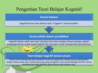 Pengertian Teori Belajar Kognitif 
Secara bahasa 
Kognitif berasal dari bahasa latin ”Cogitare” artinya berfikir. 
Secara istilah dalam pendidikan 
Kognitif adalah salah satu teori diantara teori-teori belajar dimana belajar adalah 
pengorganisasian aspek-aspek kognitif dan persepsi untuk memperoleh pemahaman. 
Teori belajar kognitif secara umum 
berarti teori tentang akal atau pemikiran manusia yang dilalui melalui proses pemahaman 
dengan sikap prilaku dan mental seseorang yang mengalami suatu perkembangan berfikir secara 
bertahap dan tidak terbatas pada stimulus dan respons saja. 
 