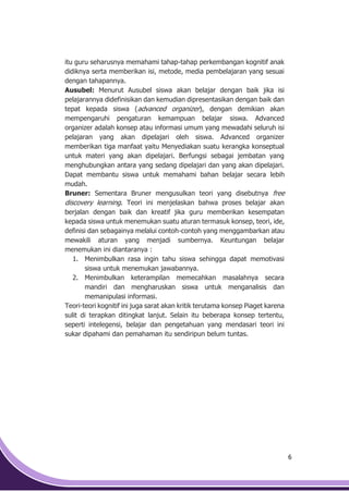 6
itu guru seharusnya memahami tahap-tahap perkembangan kognitif anak
didiknya serta memberikan isi, metode, media pembelajaran yang sesuai
dengan tahapannya.
Ausubel: Menurut Ausubel siswa akan belajar dengan baik jika isi
pelajarannya didefinisikan dan kemudian dipresentasikan dengan baik dan
tepat kepada siswa (advanced organizer), dengan demikian akan
mempengaruhi pengaturan kemampuan belajar siswa. Advanced
organizer adalah konsep atau informasi umum yang mewadahi seluruh isi
pelajaran yang akan dipelajari oleh siswa. Advanced organizer
memberikan tiga manfaat yaitu Menyediakan suatu kerangka konseptual
untuk materi yang akan dipelajari. Berfungsi sebagai jembatan yang
menghubungkan antara yang sedang dipelajari dan yang akan dipelajari.
Dapat membantu siswa untuk memahami bahan belajar secara lebih
mudah.
Bruner: Sementara Bruner mengusulkan teori yang disebutnya free
discovery learning. Teori ini menjelaskan bahwa proses belajar akan
berjalan dengan baik dan kreatif jika guru memberikan kesempatan
kepada siswa untuk menemukan suatu aturan termasuk konsep, teori, ide,
definisi dan sebagainya melalui contoh-contoh yang menggambarkan atau
mewakili aturan yang menjadi sumbernya. Keuntungan belajar
menemukan ini diantaranya :
1. Menimbulkan rasa ingin tahu siswa sehingga dapat memotivasi
siswa untuk menemukan jawabannya.
2. Menimbulkan keterampilan memecahkan masalahnya secara
mandiri dan mengharuskan siswa untuk menganalisis dan
memanipulasi informasi.
Teori-teori kognitif ini juga sarat akan kritik terutama konsep Piaget karena
sulit di terapkan ditingkat lanjut. Selain itu beberapa konsep tertentu,
seperti intelegensi, belajar dan pengetahuan yang mendasari teori ini
sukar dipahami dan pemahaman itu sendiripun belum tuntas.
 