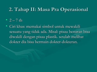 2. Tahap II: Masa Pra Operasional 2 – 7 th Ciri khas: memakai simbol untuk mewakili sesuatu yang tidak ada. Misal: pisau benaran bisa diwakili dengan pisau plastik. setelah melihat dokter dia bisa bermain dokter-dokteran. 