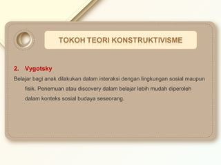 2. Vygotsky 
Belajar bagi anak dilakukan dalam interaksi dengan lingkungan sosial maupun 
fisik. Penemuan atau discovery dalam belajar lebih mudah diperoleh 
dalam konteks sosial budaya seseorang. 
 