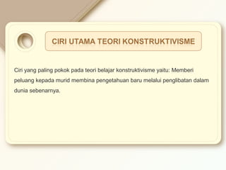 Ciri yang paling pokok pada teori belajar konstruktivisme yaitu: Memberi 
peluang kepada murid membina pengetahuan baru melalui penglibatan dalam 
dunia sebenarnya. 
 