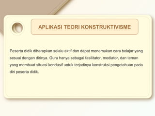 Peserta didik diharapkan selalu aktif dan dapat menemukan cara belajar yang 
sesuai dengan dirinya. Guru hanya sebagai fasilitator, mediator, dan teman 
yang membuat situasi kondusif untuk terjadinya konstruksi pengetahuan pada 
diri peserta didik. 
 