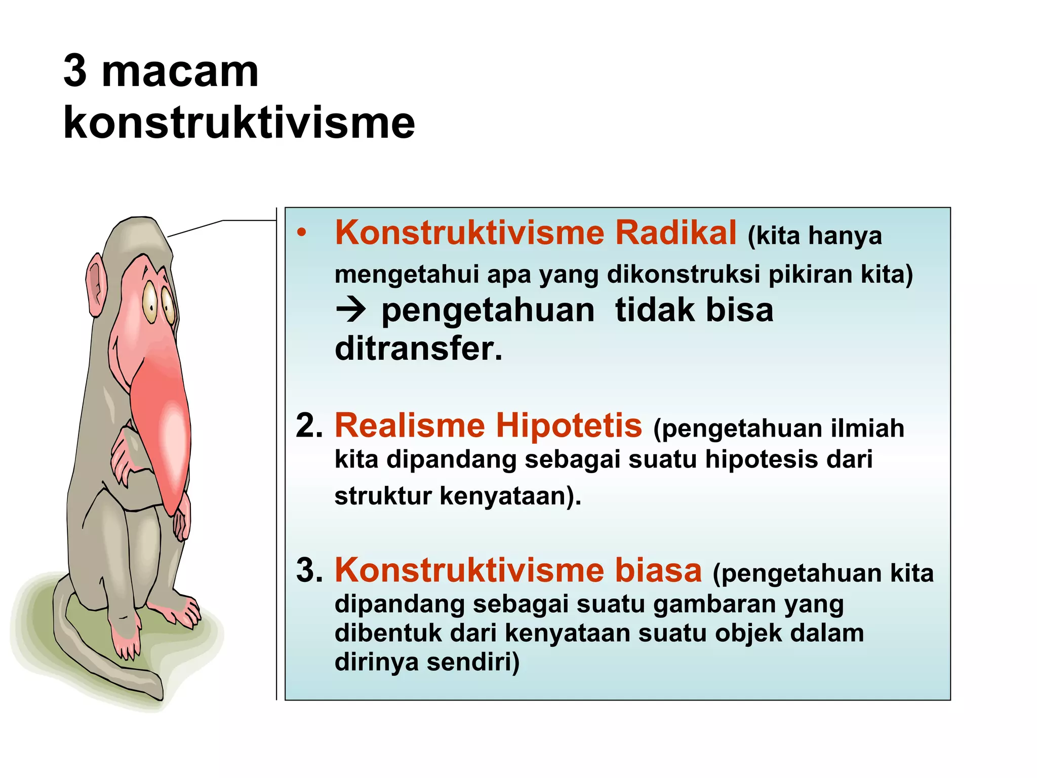 3 macam  konstruktivisme Konstruktivisme Radikal   (kita hanya mengetahui apa yang dikonstruksi pikiran kita)     pengetahuan  tidak bisa ditransfer.  2.  Realisme Hipotetis   (pengetahuan ilmiah kita dipandang sebagai suatu hipotesis dari struktur kenyataan).   3.  Konstruktivisme biasa   (pengetahuan kita dipandang sebagai suatu gambaran yang dibentuk dari kenyataan suatu objek dalam dirinya sendiri) 