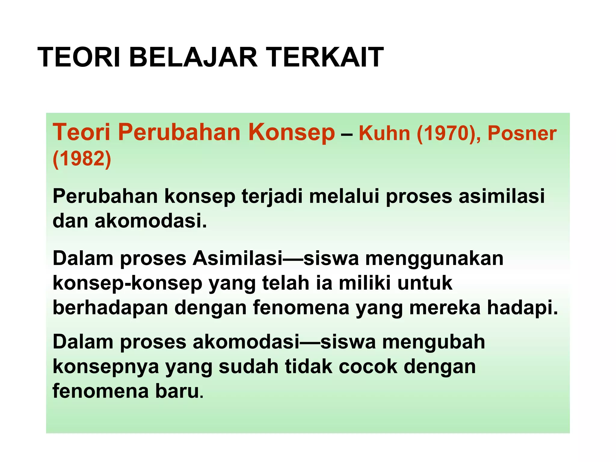 TEORI BELAJAR TERKAIT Teori Perubahan Konsep  –  Kuhn (1970), Posner (1982)  Perubahan konsep terjadi melalui proses asimilasi dan akomodasi.  Dalam proses Asimilasi—siswa menggunakan konsep-konsep yang telah ia miliki untuk berhadapan dengan fenomena yang mereka hadapi.  Dalam proses akomodasi—siswa mengubah konsepnya yang sudah tidak cocok dengan fenomena baru .  