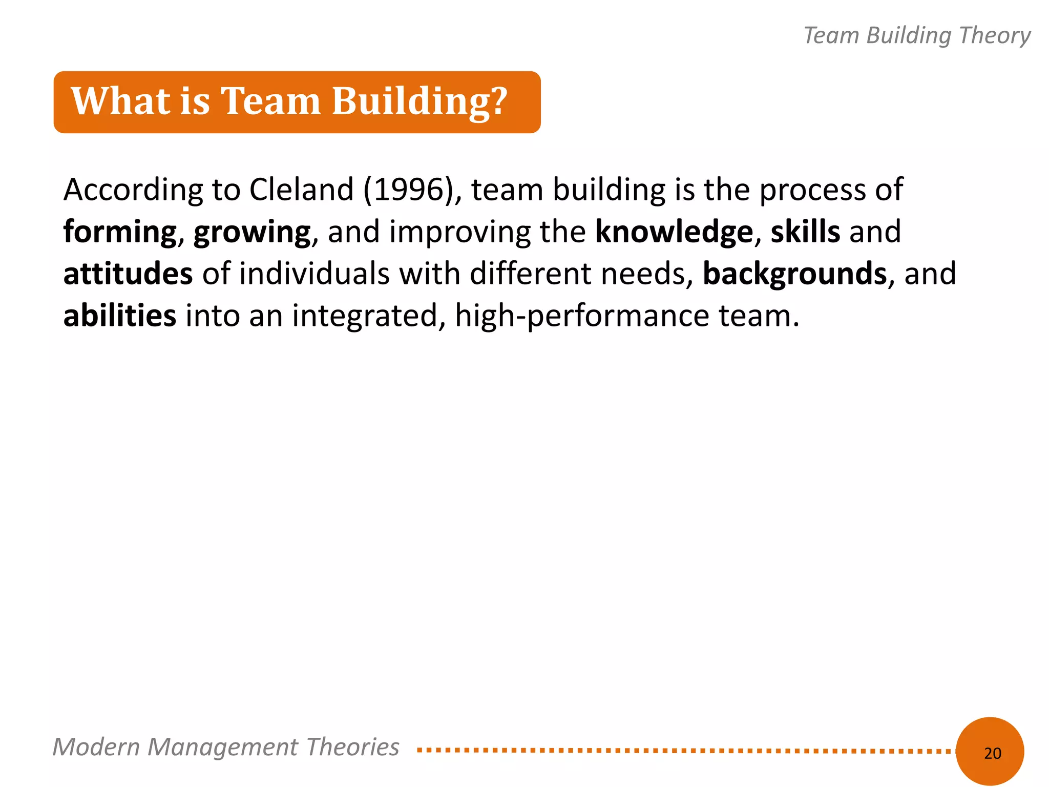 What is Team Building? 
Team Building Theory 
According to Cleland (1996), team building is the process of 
forming, growing, and improving the knowledge, skills and 
attitudes of individuals with different needs, backgrounds, and 
abilities into an integrated, high-performance team. 
20 
Modern Management Theories 
 