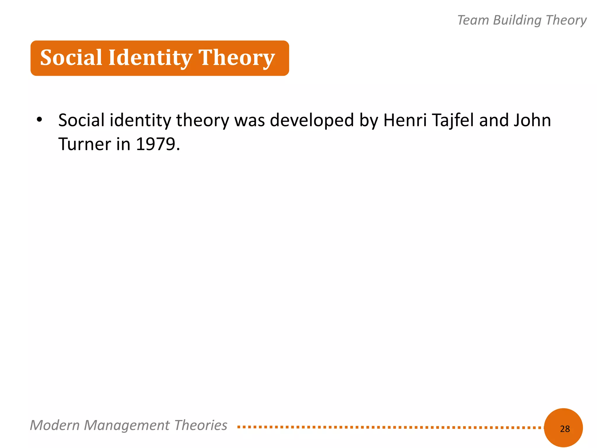 Social Identity Theory 
Team Building Theory 
28 
• Social identity theory was developed by Henri Tajfel and John 
Turner in 1979. 
Modern Management Theories 
 