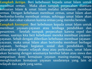 Langkah ketiga. Beri kebebasan kepada umat Islam untuk
membuat ormas. Maka akan tampak perpecahan diantara
kekuatan Islam & umat Islam melalui kebebasan membuat
ormas. Dengan kebebasan membuat ormas, umat Islam akan
berlomba-lomba membuat ormas, sehingga umat Islam akan
pecah dan cakar-cakaran karena ormas yang mereka bentuk.
Langkah keempat. Beri kebebasan kepada umat Islam untuk
membuat yayasan-yayasan atau lembaga pendidikan dan
pesantren. Setelah nampak perpecahan karena orpol dan
ormas, saatnya kita beri kebebasan mereka membuat yayasan-
yayasan. Sebab dengan diberikan kebebasan membuat yayasan-
yayasan, maka umat Islam akan berlomba membuat berbagai
yayasan, berbagai kegiatan sosial dan pendidikan. Ini
diharapkan disuatu wilayah desa atau perkotaan, umat Islam
akan bersaing dengan sesamanya berebut lahan atau siswa dan
simpatisan demi kemajuan yayasan masing-masing, tanpa
menghiraukan kemajuan yayasan saudaranya yang lain di
wilayah dan aspek yang sama.
 