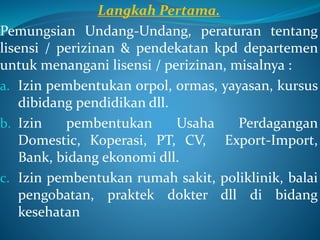 Langkah Pertama.
Pemungsian Undang-Undang, peraturan tentang
lisensi / perizinan & pendekatan kpd departemen
untuk menangani lisensi / perizinan, misalnya :
a. Izin pembentukan orpol, ormas, yayasan, kursus
dibidang pendidikan dll.
b. Izin pembentukan Usaha Perdagangan
Domestic, Koperasi, PT, CV, Export-Import,
Bank, bidang ekonomi dll.
c. Izin pembentukan rumah sakit, poliklinik, balai
pengobatan, praktek dokter dll di bidang
kesehatan
 