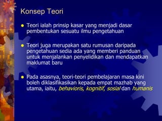 Konsep Teori
 Teori ialah prinsip kasar yang menjadi dasar
 pembentukan sesuatu ilmu pengetahuan

 Teori juga merupakan satu rumusan daripada
 pengetahuan sedia ada yang memberi panduan
 untuk menjalankan penyelidikan dan mendapatkan
 maklumat baru

 Pada asasnya, teori-teori pembelajaran masa kini
 boleh diklasifikasikan kepada empat mazhab yang
 utama, iaitu, behavioris, kognitif, sosial dan humanis
 