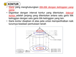 KONTUR 
• Garis yang menghubungkan titik-titik dengan ketinggian yang 
sama 
• Digambar dengan interval kontur yang ditentukan. Interval 
kontur adalah jenjang yang ditentukan antara satu garis titik 
ketinggian dengan satu garis titik ketinggian yang lain. 
• Garis kontur disajikan di atas peta untuk memperlihatkan naik 
turunnya keadaan permukaan tanah 
 