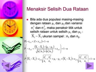 Menaksir Selisih Dua Rataan
 Bila ada dua populasi masing-masing
dengan rataan µ1 dan µ2 dan variansi
dan , maka penaksir titik untuk
selisih rataan untuk selisih µ1 dan µ2 :
ukuran sampel : n1 dan n2.
2
2σ2
1σ
21 XX 
 
   
   
    α1
n
σ
n
σ
zXXμμ
n
σ
n
σ
zXX
α1z
/nσ/nσ
μμXX
zP
α1zZzP
2
2
2
1
2
1
α/22121
2
2
2
1
2
1
α/221
α/2
2
2
21
2
1
2121
α/2
α/2α/2
























P
 