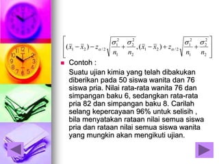  Contoh :
Suatu ujian kimia yang telah dibakukan
diberikan pada 50 siswa wanita dan 76
siswa pria. Nilai rata-rata wanita 76 dan
simpangan baku 6, sedangkan rata-rata
pria 82 dan simpangan baku 8. Carilah
selang kepercayaan 96% untuk selisih ,
bila menyatakan rataan nilai semua siswa
pria dan rataan nilai semua siswa wanita
yang mungkin akan mengikuti ujian.









2
2
2
1
2
1
2/21
2
2
2
1
2
1
2/21 )(,)(
nn
zxx
nn
zxx


 