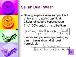 Selisih Dua Rataan
 Selang kepercayaan sampel kecil
untuk µ1-µ2 ; ≠ tapi tidak
diketahui, selang kepercayaan
(1-α)100% untuk µ1-µ2 diberikan :
ukuran sampel masing-masing n1
dan n2 berasal dari distribusi
normal, dk=
2
1σ 2
2σ
   









2
2
2
1
2
1
2/21
2
2
2
1
2
1
2/21 ,
n
s
n
s
txx
n
s
n
s
txx 
 
    )1/()/()1/()/(
)/()/(
2
2
2
2
21
2
1
2
1
2
2
2
21
2
1



nnsnns
nsns

 