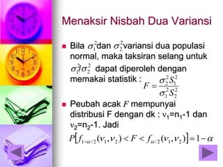 Menaksir Nisbah Dua Variansi
 Bila dan variansi dua populasi
normal, maka taksiran selang untuk
/ dapat diperoleh dengan
memakai statistik :
 Peubah acak F mempunyai
distribusi F dengan dk : ν1=n1-1 dan
ν2=n2-1. Jadi
2
1 2
2
2
1 2
2
2
2
2
1
2
1
2
2
S
S
F



     1),(),( 212/212/1 fFfP
 