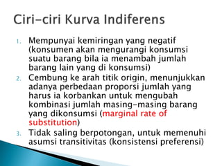 1. Mempunyai kemiringan yang negatif
(konsumen akan mengurangi konsumsi
suatu barang bila ia menambah jumlah
barang lain yang di konsumsi)
2. Cembung ke arah titik origin, menunjukkan
adanya perbedaan proporsi jumlah yang
harus ia korbankan untuk mengubah
kombinasi jumlah masing-masing barang
yang dikonsumsi (marginal rate of
substitution)
3. Tidak saling berpotongan, untuk memenuhi
asumsi transitivitas (konsistensi preferensi)
 