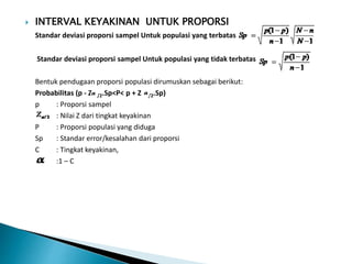  INTERVAL KEYAKINAN UNTUK PROPORSI
Standar deviasi proporsi sampel Untuk populasi yang terbatas
Standar deviasi proporsi sampel Untuk populasi yang tidak terbatas
Bentuk pendugaan proporsi populasi dirumuskan sebagai berikut:
Probabilitas (p - Z /2.Sp<P< p + Z /2.Sp)
p : Proporsi sampel
: Nilai Z dari tingkat keyakinan
P : Proporsi populasi yang diduga
Sp : Standar error/kesalahan dari proporsi
C : Tingkat keyakinan,
:1 – C
 