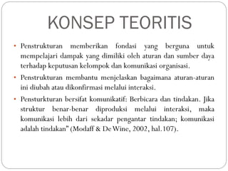KONSEP TEORITIS
• Penstrukturan memberikan fondasi yang berguna untuk
mempelajari dampak yang dimiliki oleh aturan dan sumber daya
terhadap keputusan kelompok dan komunikasi organisasi.
• Penstrukturan membantu menjelaskan bagaimana aturan-aturan
ini diubah atau dikonfirmasi melalui interaksi.
• Pensturkturan bersifat komunikatif: Berbicara dan tindakan. Jika
struktur benar-benar diproduksi melalui interaksi, maka
komunikasi lebih dari sekadar pengantar tindakan; komunikasi
adalah tindakan” (Modaff & DeWine, 2002, hal.107).
 