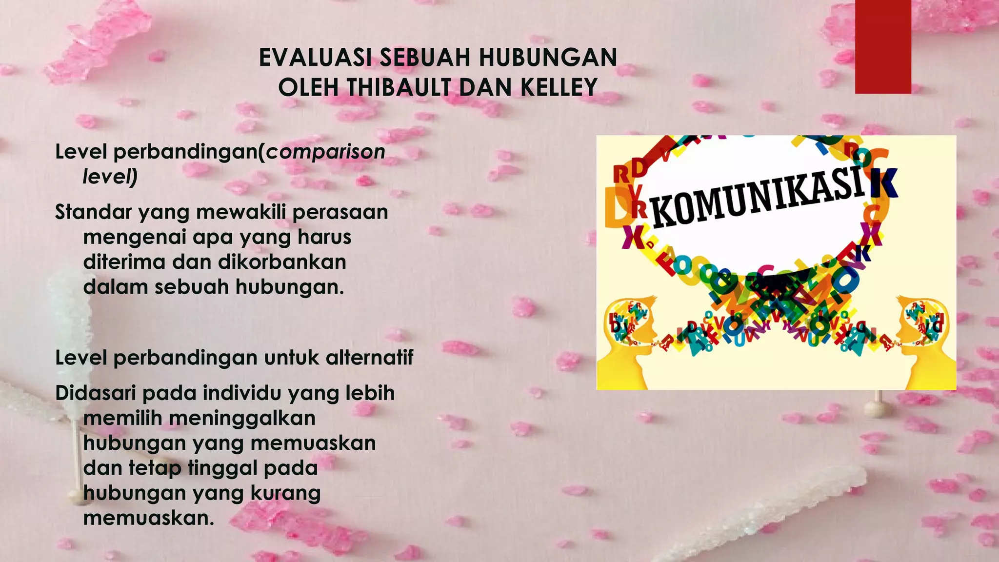 EVALUASI SEBUAH HUBUNGAN
OLEH THIBAULT DAN KELLEY
Level perbandingan(comparison
level)
Standar yang mewakili perasaan
mengenai apa yang harus
diterima dan dikorbankan
dalam sebuah hubungan.
Level perbandingan untuk alternatif
Didasari pada individu yang lebih
memilih meninggalkan
hubungan yang memuaskan
dan tetap tinggal pada
hubungan yang kurang
memuaskan.
 