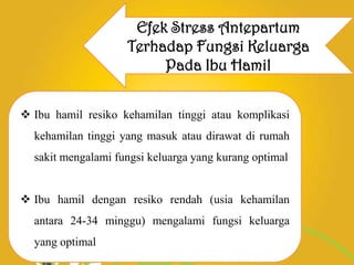 Efek Stress Antepartum
Terhadap Fungsi Keluarga
Pada Ibu Hamil
 Ibu hamil resiko kehamilan tinggi atau komplikasi
kehamilan tinggi yang masuk atau dirawat di rumah

sakit mengalami fungsi keluarga yang kurang optimal
 Ibu hamil dengan resiko rendah (usia kehamilan
antara 24-34 minggu) mengalami fungsi keluarga
yang optimal

 