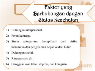 Faktor yang
Berhubungan dengan
Status Kesehatan
1) Hubungan interpersonal.
2) Peran keluarga.
3) Stress

antepartum,

komplikasi

dari

risiko

kehamilan dan pengalaman negative dari hidup.
4) Dukungan social.
5) Rasa percaya diri.

6) Gangguan rasa takut, depresi, dan keraguan.

 