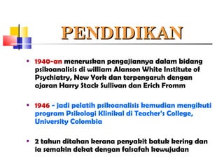 PENDIDIKANPENDIDIKAN
• 1940-an meneruskan pengajiannya dalam bidang
psikoanalisis di william Alanson White Institute of
Psychiatry, New York dan terpengaruh dengan
ajaran Harry Stack Sullivan dan Erich Fromm
• 1946 - jadi pelatih psikoanalisis kemudian mengikuti
program Psikologi Klinikal di Teacher's College,
University Colombia
• 2 tahun ditahan kerana penyakit batuk kering dan
ia semakin dekat dengan falsafah kewujudan
 