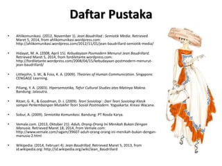 Daftar Pustaka
• Ahlikomunikasi. (2012, November 1). Jean Baudrillad : Semiotik Media. Retrieved
Maret 5, 2014, from ahlikomunikasi.wordpress.com:
http://ahlikomunikasi.wordpress.com/2012/11/01/jean-baudrillard-semiotik-media/
• Hidayat, M. A. (2008, April 15). Kebudayaan Posmodern Menurut Jean Baudrillard.
Retrieved Maret 5, 2014, from fordiletante.wordpress.com:
http://fordiletante.wordpress.com/2008/04/15/kebudayaan-postmodern-menurut-
jean-baudrillard/
• Littlejohn, S. W., & Foss, K. A. (2009). Theories of Human Communication. Singapore:
CENGAGE Learning.
• Piliang, Y. A. (2003). Hipersemiotika, Tafsir Cultural Studies atas Matinya Makna.
Bandung: Jalasutra.
• Ritzer, G. R., & Goodman, D. J. (2009). Teori Sosiologi : Dari Teori Sosiologi Klasik
sampai Perkembangan Mutakhir Teori Sosial Postmodern. Yogyakarta: Kreasi Wacana.
• Sobur, A. (2009). Semiotika Komunikasi. Bandung: PT Rosda Karya.
• Vemale.com. (2013, Oktober 21). Aduh, Orang-Orang Ini Menikah Bukan Dengan
Manusia. Retrieved Maret 18, 2014, from Vemale.com:
http://www.vemale.com/ragam/39607-aduh-orang-orang-ini-menikah-bukan-dengan-
manusia-2.html
• Wikipedia. (2014, Februari 4). Jean Baudrillad. Retrieved Maret 5, 2013, from
id.wikipedia.org: http://id.wikipedia.org/wiki/Jean_Baudrillard
 
