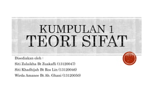 Disediakan oleh :
Siti Zulaikha Bt Zuakafli (13120047)
Siti Khadhijah Bt Ros Lin (13120046)
Wirda Amanee Bt Ab. Ghani (13120050)
 