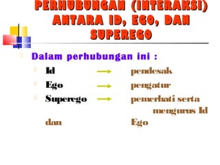 PERHUBUNGAN (INTERAKSI)PERHUBUNGAN (INTERAKSI)
ANTARA ID, EGO, DANANTARA ID, EGO, DAN
SUPEREGOSUPEREGO
 Dalam perhubungan ini :
 Id pendesak
 Ego pengatur
 Superego pemerhati serta
mengurus Id
dan Ego
 