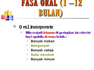 FASA ORALFASA ORAL (1 –12(1 –12
BULAN)BULAN)
 O ralincorporate
 Bila terjadi lekatan di peringkat ini ciri-ciri
bayi apabila dewasa kelak:
 Banyak makan
 Mengunyah
 Banyak cakap
 Suka merokok
 Banyak minum
 