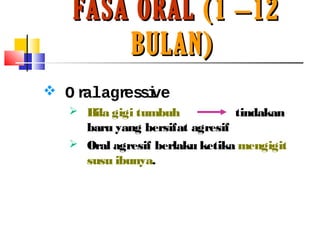 FASA ORALFASA ORAL (1 –12(1 –12
BULAN)BULAN)
 O ralagressive
 Bila gigi tumbuh tindakan
baru yang bersifat agresif
 Oral agresif berlaku ketika mengigit
susu ibunya.
 