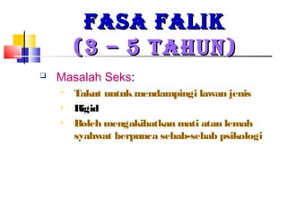 FASA FALIKFASA FALIK
(3 – 5 TAHUN)(3 – 5 TAHUN)
 Masalah Seks:
 Takut untukmendampingi lawan jenis
 Rigid
 Boleh mengakibatkan mati atau lemah
syahwat berpunca sebab-sebab psikologi
 