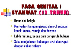 FASA GENITAL /FASA GENITAL /
SYAHWATSYAHWAT (12 TAHUN)(12 TAHUN)
 Umur akil baligh
 Menyedari tanggungjawab dan rol sebagai
kanak-kanak, remaja dan dewasa
 Lebih matang, bebas dari pengaruh ibubapa
 Suka menjalinkan hubungan erat dan rapat
dengan rakan sebaya
 