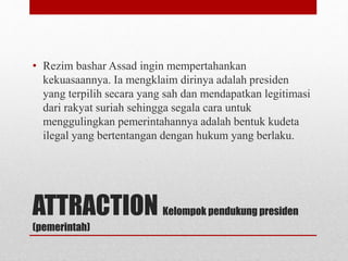ATTRACTION Kelompok pendukung presiden
(pemerintah)
• Rezim bashar Assad ingin mempertahankan
kekuasaannya. Ia mengklaim dirinya adalah presiden
yang terpilih secara yang sah dan mendapatkan legitimasi
dari rakyat suriah sehingga segala cara untuk
menggulingkan pemerintahannya adalah bentuk kudeta
ilegal yang bertentangan dengan hukum yang berlaku.
 