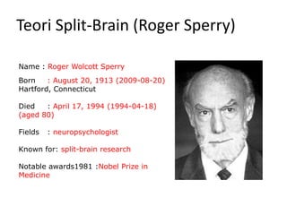 Teori Split-Brain (Roger Sperry)

Name : Roger Wolcott Sperry
Born    : August 20, 1913 (2009-08-20)
Hartford, Connecticut

Died   : April 17, 1994 (1994-04-18)
(aged 80)

Fields   : neuropsychologist

Known for: split-brain research

Notable awards1981 :Nobel Prize in
Medicine
 