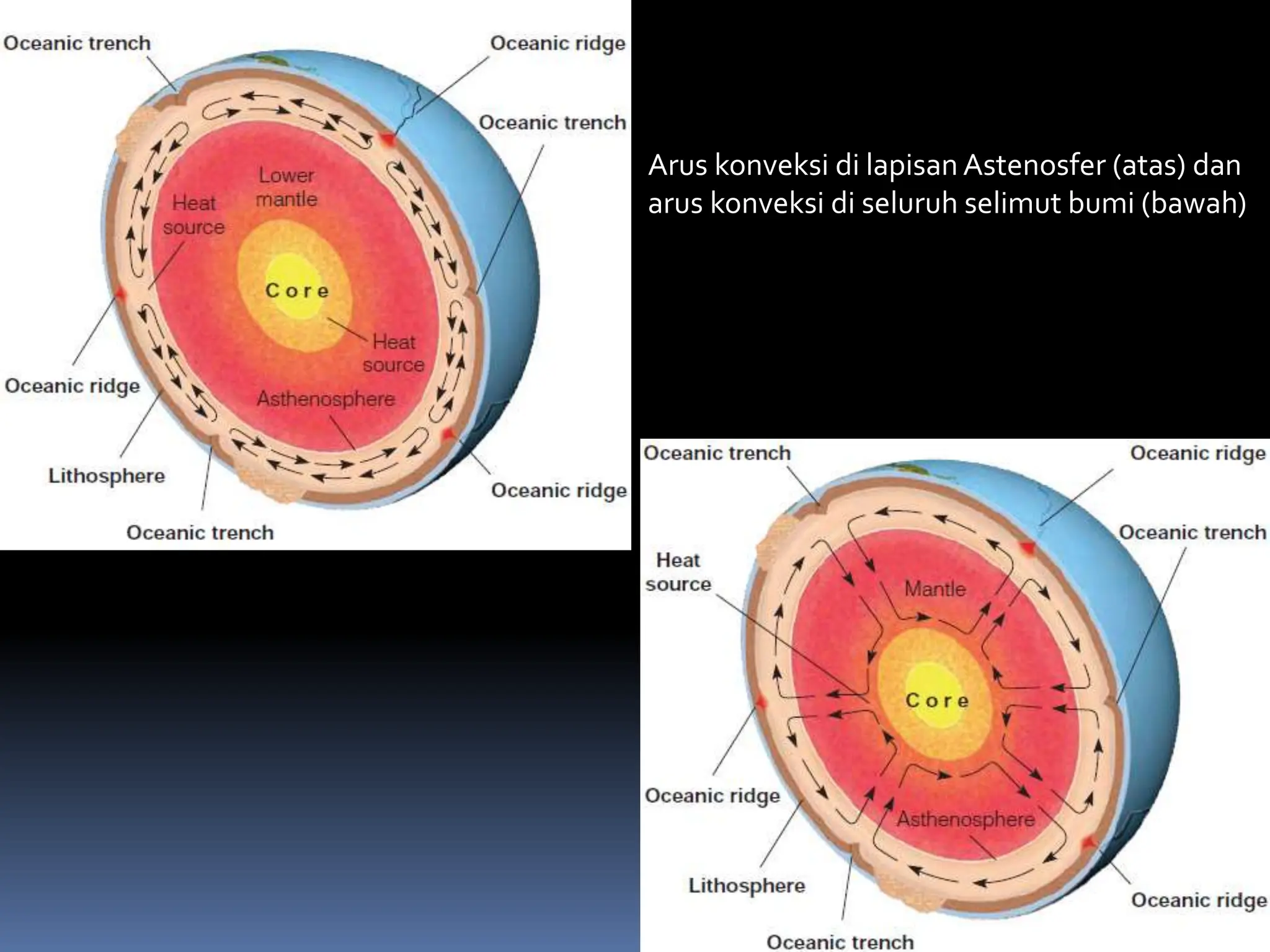 Arus konveksi di lapisan Astenosfer (atas) dan
arus konveksi di seluruh selimut bumi (bawah)
 