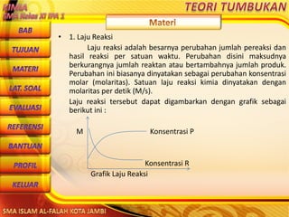 DibuwatolehJaitoerochmansmp2brangsongKendalJateng
• 1. Laju Reaksi
Laju reaksi adalah besarnya perubahan jumlah pereaksi dan
hasil reaksi per satuan waktu. Perubahan disini maksudnya
berkurangnya jumlah reaktan atau bertambahnya jumlah produk.
Perubahan ini biasanya dinyatakan sebagai perubahan konsentrasi
molar (molaritas). Satuan laju reaksi kimia dinyatakan dengan
molaritas per detik (M/s).
Laju reaksi tersebut dapat digambarkan dengan grafik sebagai
berikut ini :
M Konsentrasi P
Konsentrasi R
Grafik Laju Reaksi
 
